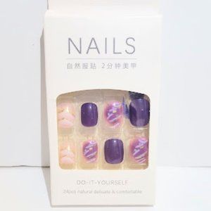Set/24 Med/Long Sq Nails, Dk Purple, Pink/ Gold Foil